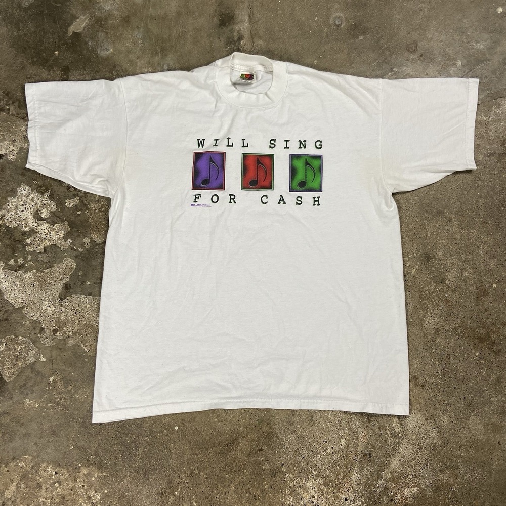 Vintage 90s Will‎ Sing For Cash T-Shirt Size XL White Short Sleeve Music Graphic